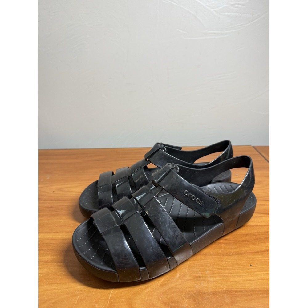 CROCS Splash Glossy Fisherman Womens J5/W7 Black Slingback Open Toe Sandals